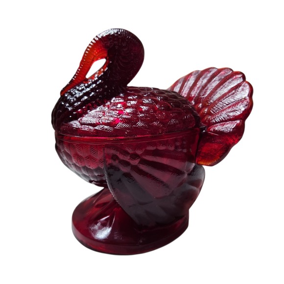 L.E. Smith Ruby Red Glass Turkey Covered Dish Candy Bowl Thanksgiving Vintage - Picture 1 of 16
